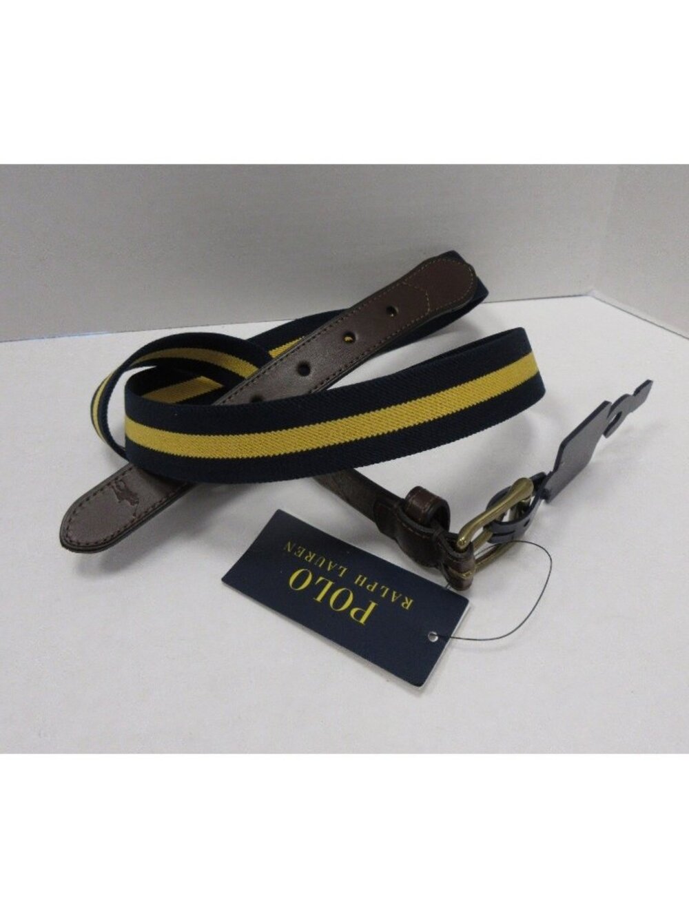 Polo Ralph Lauren Belt 42 Yellow Canvas Leather D Ring Striped Preppy